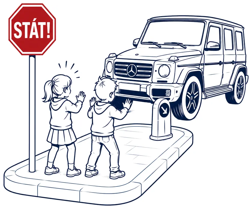 Děti na chodníku, na který najíždí luxusní auto